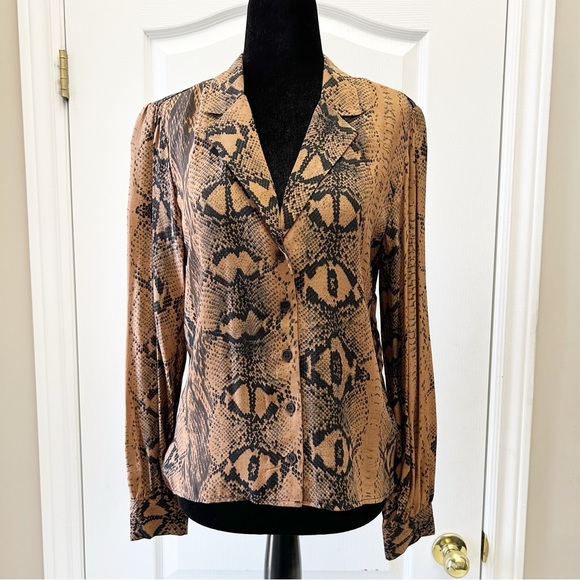 Topshop Snake Print Button-Up Shirt Blouse Brown and Black Size 4 - Picture 14 of 15